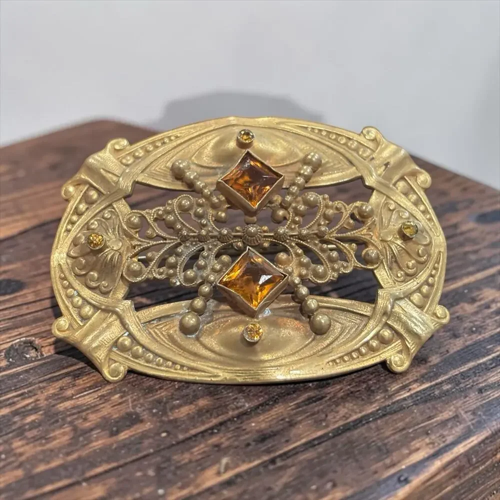 Antique Art Nouveau Sash Pin Amber Glass Ornate Brass Filigree Brooch 1900s